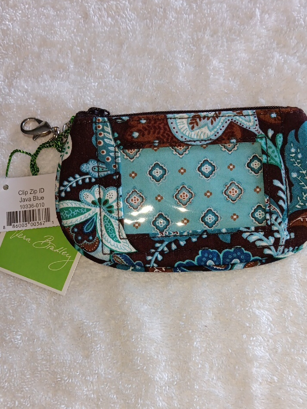 Vera Bradley Java Blue Brown & Turquoise Quilted Clip Zip ID Case NWT